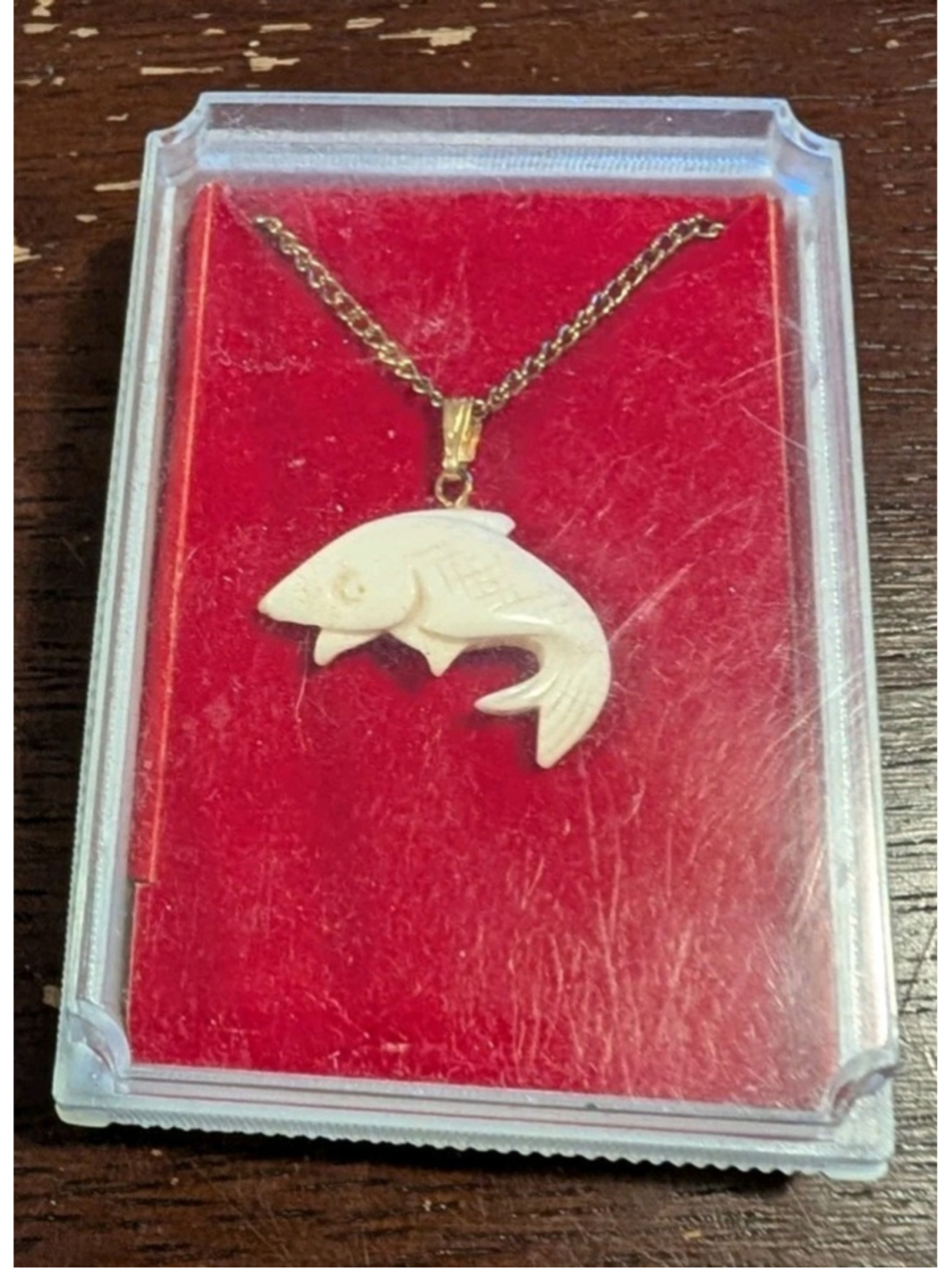 Vintage 60's Carved Bone Fish Carp Necklace Gold Chain?